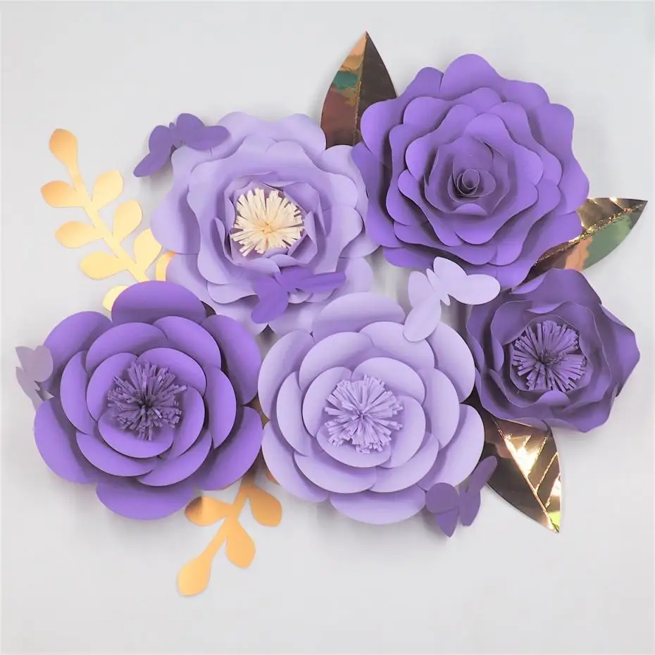 Purple DIY Giant Paper Flowers Backdrop 5pcs Leaves 5pcs Butterflies 5pcs Baby Nursery Deco Large Flower Set Mix Sizes Home Deco