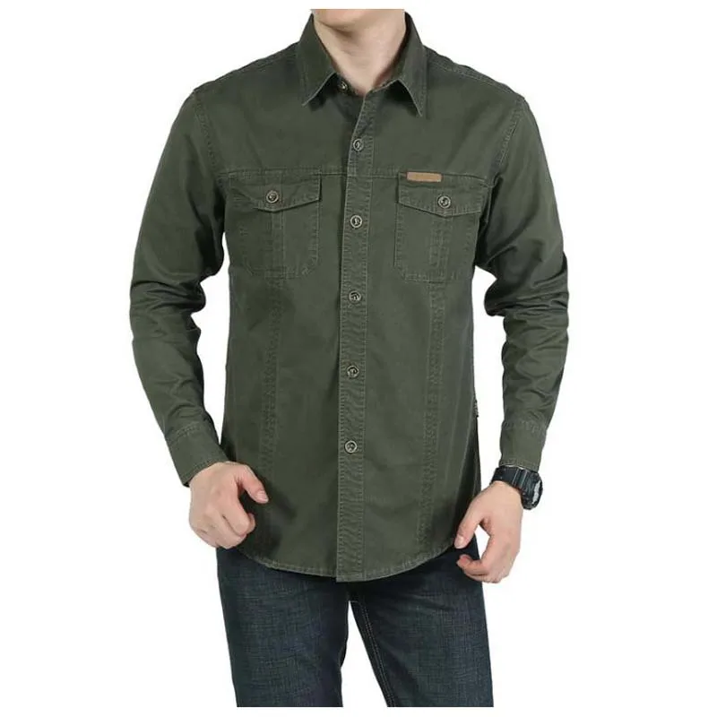 Military Style Men\'s Shirt Loose  Leisure Cotton Pure Color Shirts Big Size Tops Man wear Clothes Black/Army Green/Khaki M-5XL