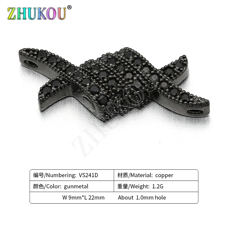 9*22mm Handmade Brass Micro Pave Cubic Zirconia Connector Charms, Gunmetal, Hole: 1mm, Model:VS241