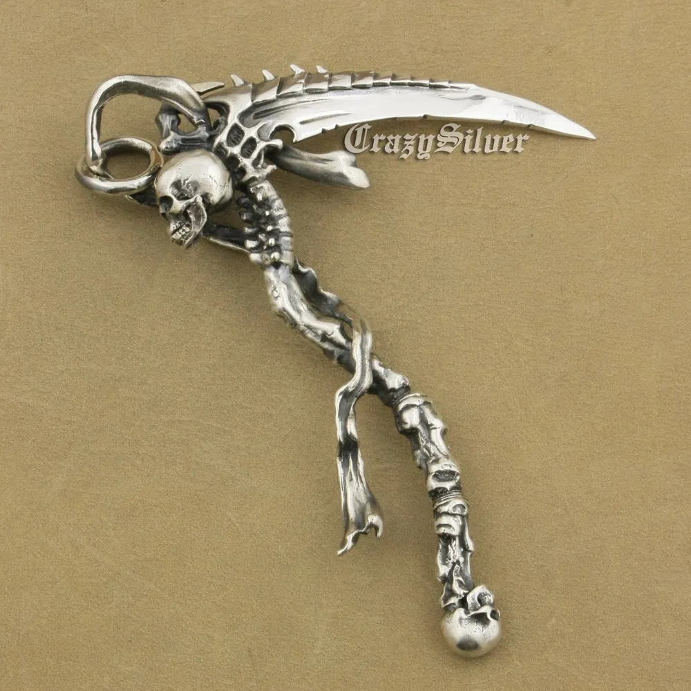 LINSION Huge Heavy 925 Sterling Silver Grim Reaper Skull Sickle Scythe Mens Biker Rock Punk Pendant TA22