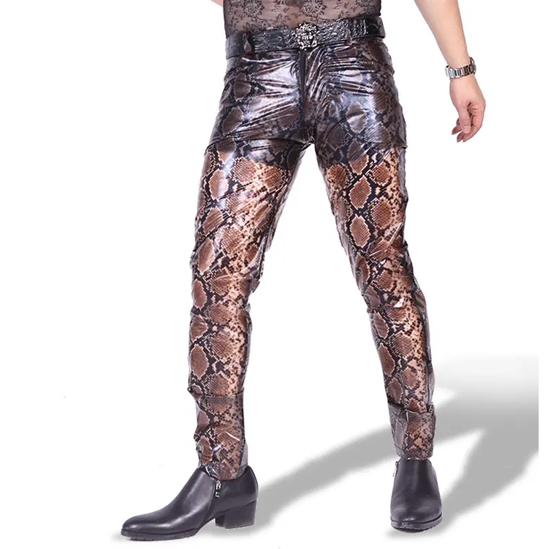 

Sexy Python Pattern Leather Pants Men Plus Size High Eelastic Tight Pencil Pants PU Glossy Casual Stage Tight Trousers Gay Wear