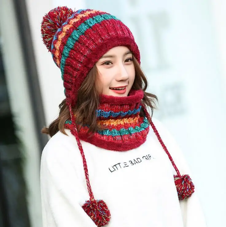 2pcs/set 2019 Brand Real Big Fur Pom Poms Ball Knitted Cap Hats Scarf Hat Set Winter Women Hat Beanie Hat Thick Female Cap