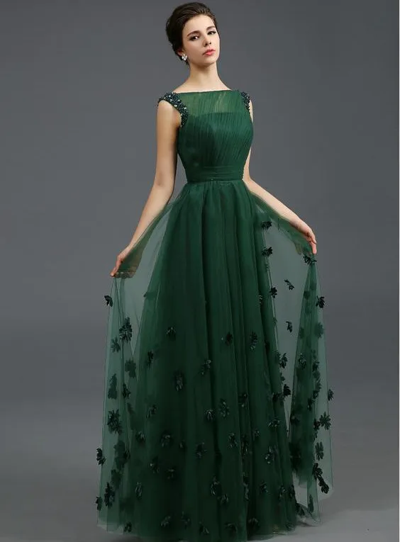 Dark Green Evening Dresses 2024 Bateau Beading 3D Flowers A-Line Long Elegant Formal Prom Party Gowns robe de soiree