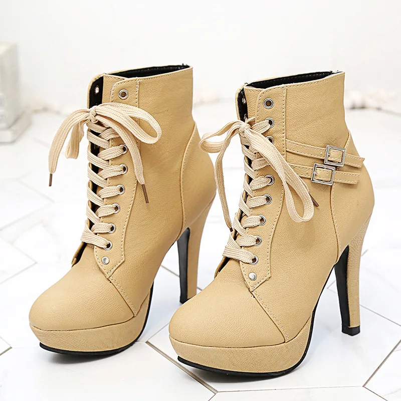 New fashion Women boots High Heels Lace Up Ankle Boots Female Zip Double Buckle Sexy Party Dress Pump Woman Platform Shoes