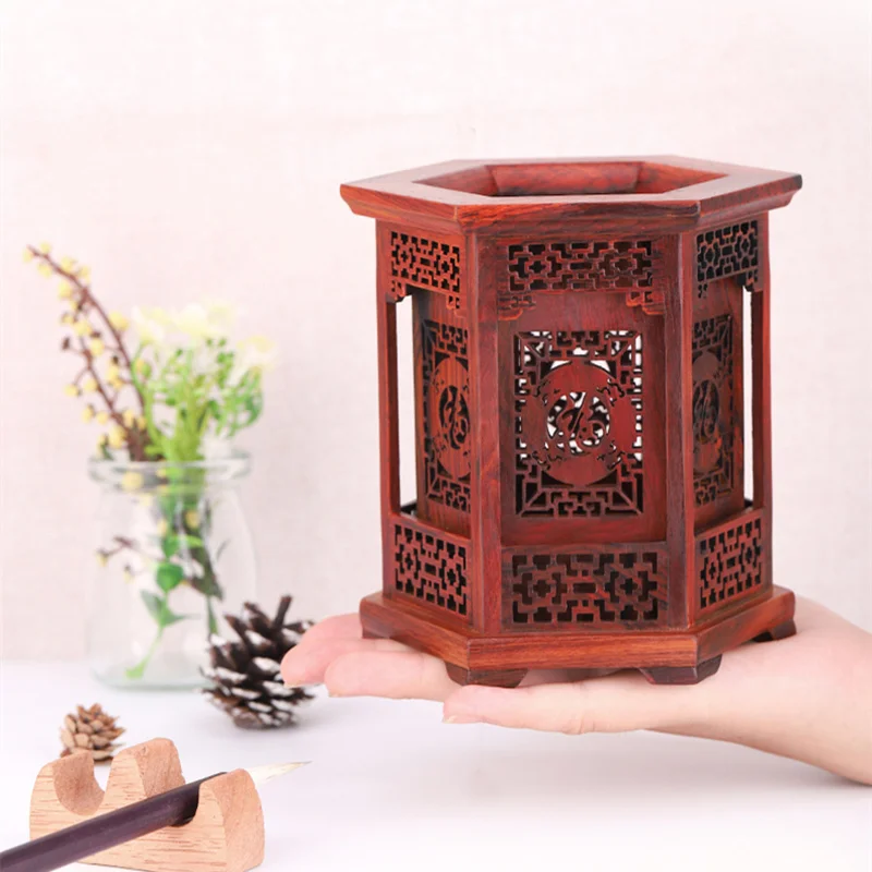 

Classic Style High Grade Hexagon Pen Holder Exquisite Red Wood Carving Handicraft Household Gifts Archaistic Study Pencil Vase