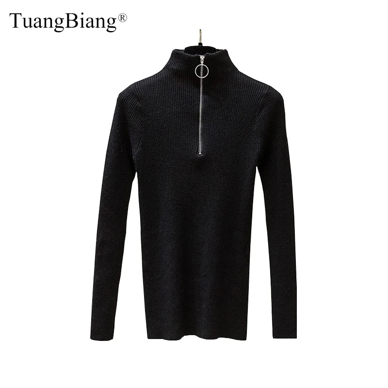 Women Zipper Turtleneck Thick Full Sleeve Autumn Sweater 2023 Spring Warm Knitted Pullovers Sweaters Solid Casual Ladies Jumper