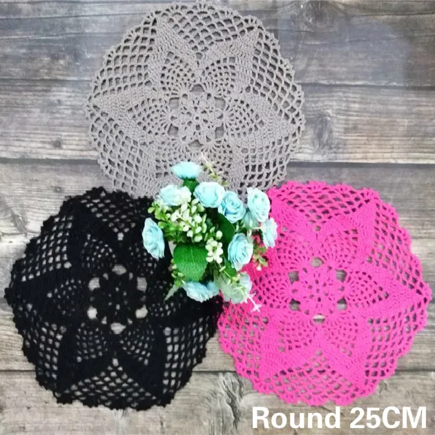 25CM Round Vintage Cotton Lace Wedding Doily Handmade Crochet Flowers Table Placemat Kitchen Coffee Mug Cup Coaster Pad 3Colors