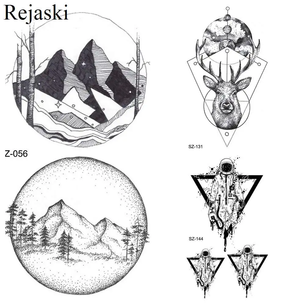 

Временная татуировка для женщин, руки, Геометрическая горная татуировка, наклейки для мужчин, рука, треугольник, лосят, луна, водостойкие татуировки, черный макияж на лодыжку