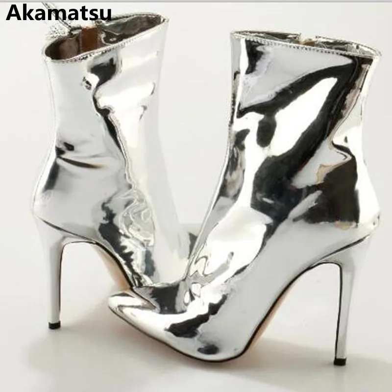 

luxury shoes women designers patent leather over the knee boots high heel metallic silver mirror motorcycle botines runway shoe