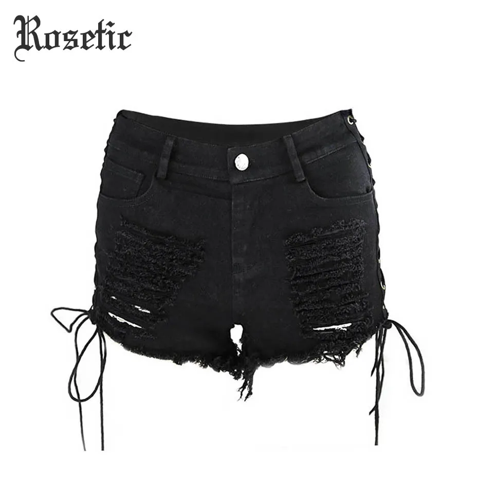 Imagem -04 - Gothic Denim Shorts Bandagem Buraco Preto Sexy Quente Moda Verão Magro Rasgado Calças Curtas Lacing Goth Shorts Casuais Rosa