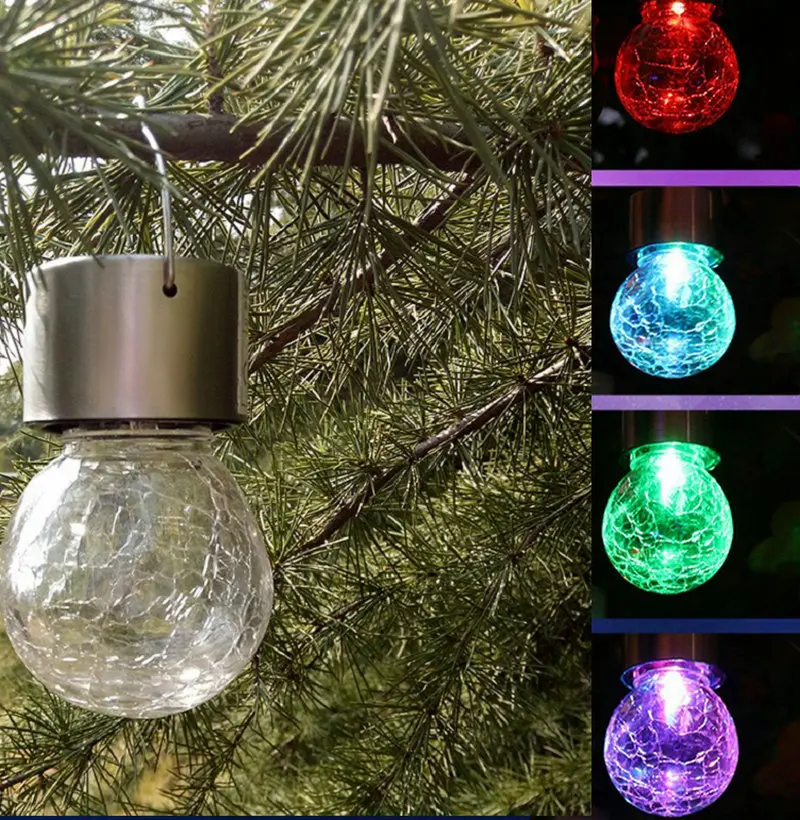 

4pcs/Lot outdoor Solar Hanging Led Light Crackle Glass Globe Pendant RGB lamp Color Change lantern Garden Party Yard tree decor