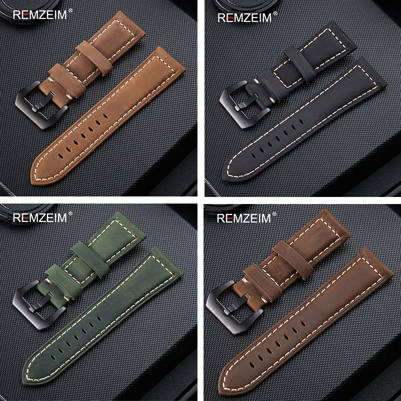 Handmade 4 Color Watch Accessories Vintage Genuine Crazy Horse Leather 20mm 22mm 24mm 26mm Watchband Watch Strap & Watch Band