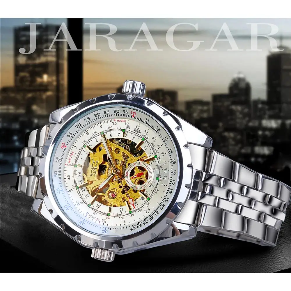 Jaragar Classic Automatic Mens Watch Relojes Hombre Silver Skeleton Steel Strap Sport Business Mechanical Clock Watches Relogio