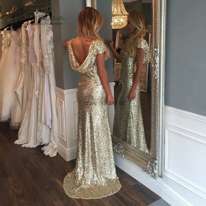 Cheap Gold Sequin Evening Gowns Backless African Mermaid Prom Dresses Formal Women Gowns Cap Sleeve Abendkleider Robe de Soiree