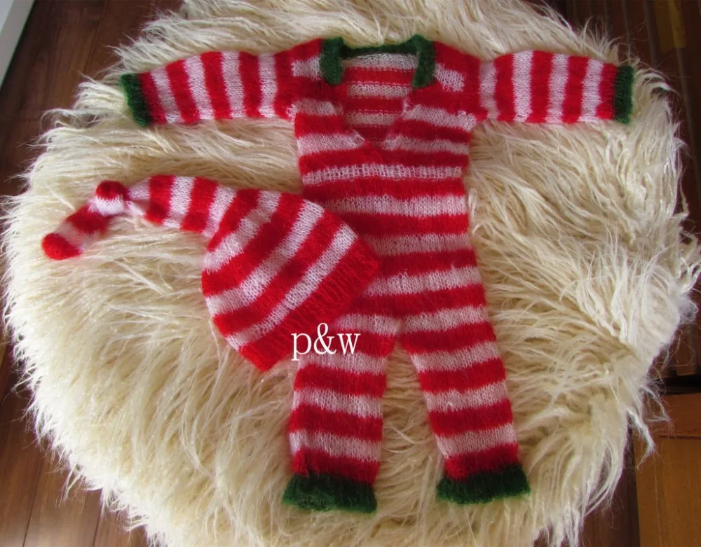 White and Red Newborn Christmas Outfit Knitted Baby Sleepy hat Long Sleeve Newborn Romper Set Baby Pixie Photography Props