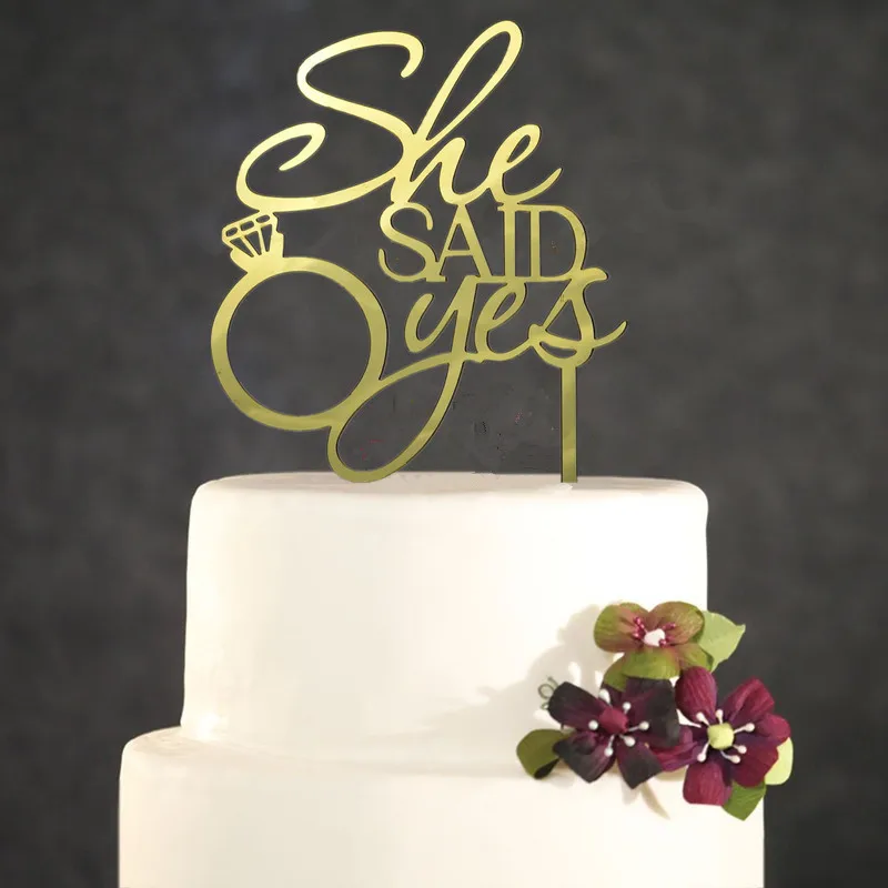 

She Said Yes Mirror Gold Acrylic Engagement Ring Wedding Cake Topper Silhouette Wedding Decoration Cake Accessorry