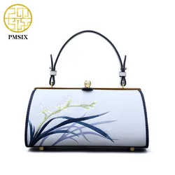 Pmsix 2020 Fashion Embroidery Cow Leather Women Handbag Elegant Ladies Shoulder Bags Light Blue Crossbody Bags Casual Totes