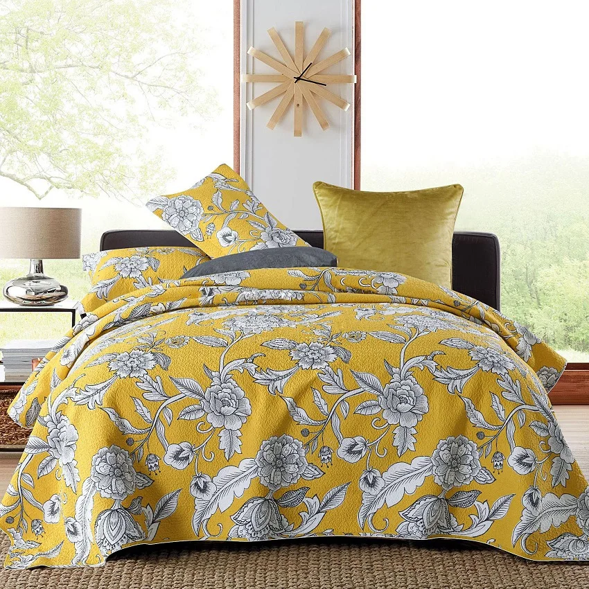 CHAUSUB Cotton Quilt Set 3PCS Bedspread on the Bed Gold Print Bed Cover Pillowcase Queen Size Summer Coverlet Blanket for Bed