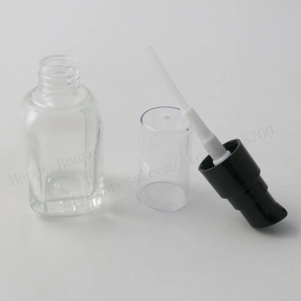 新到着 20/ロット 30 ミリリットル透明正方形ガラスエッセンシャルオイル容器黒ポンプ付き 1 オンスガラスクリアローションポンプボトル