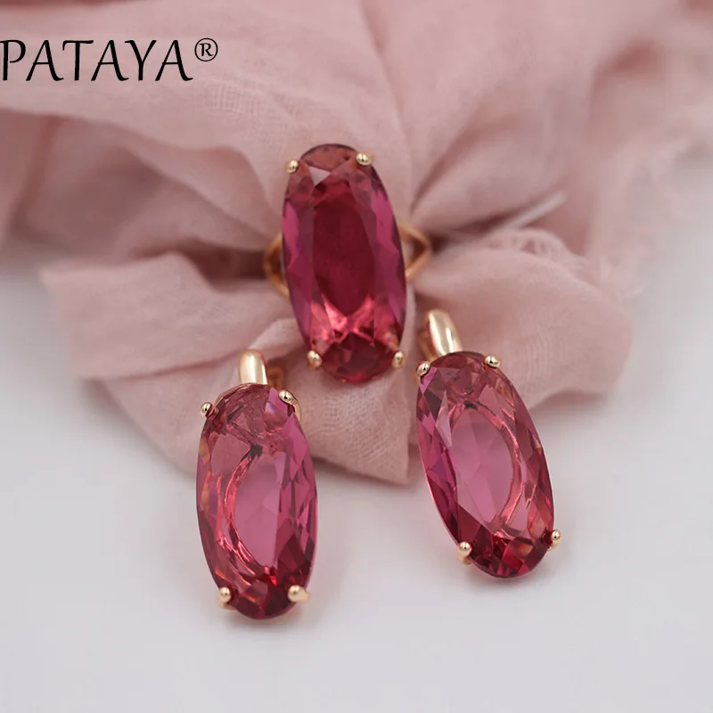 PATAYA New Bride 585 Rose Red Fine Jewelry Sets Green Oval Artificial Zircon Dangle Earrings Ring Sets Women Vintage Jewelry Set