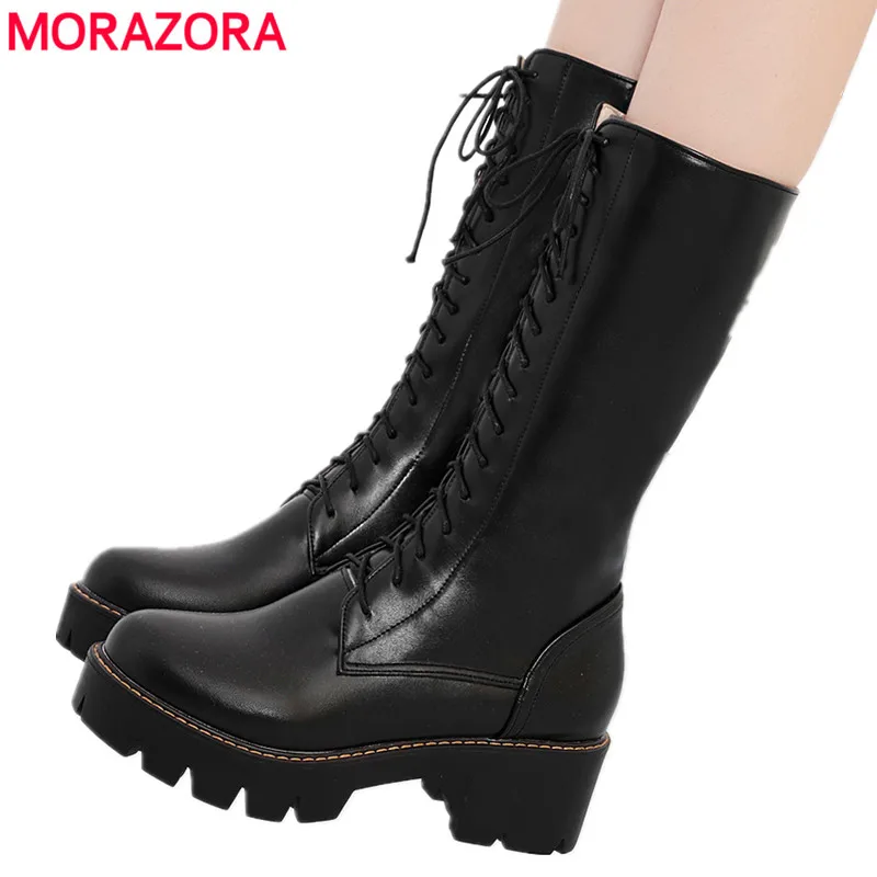 MORAZORA 2022 new women\'s mid calf boots lace up platform boots round toe autumn winter botas ladies shoes size 34-43