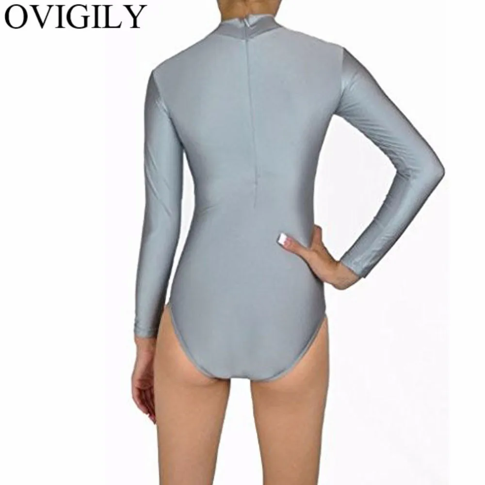 OVIGILY Women's Gray Leotard Mock Neck Long Sleeve Gymnastics Leotards for Adults Spandex Dancewear Bodysuits Teams Stage Tops