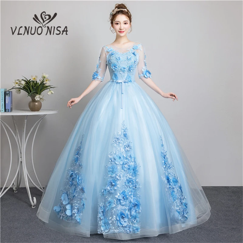 Sweet Elegant Light Blue Long Evening Dress Half Sleeve Pearls Applique Ball Gown Solo Show Masquerade Dress Vestido De Festa 30