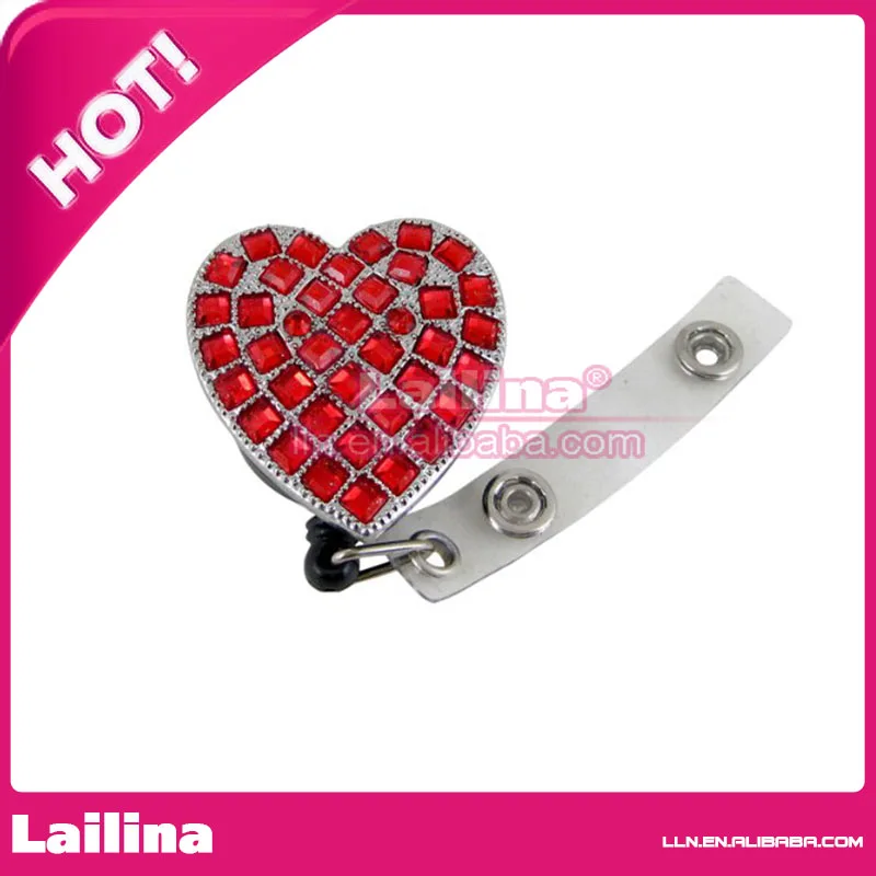 Red Rhinestone Heart Key Card Holder Pull Reel ID Badge Holder