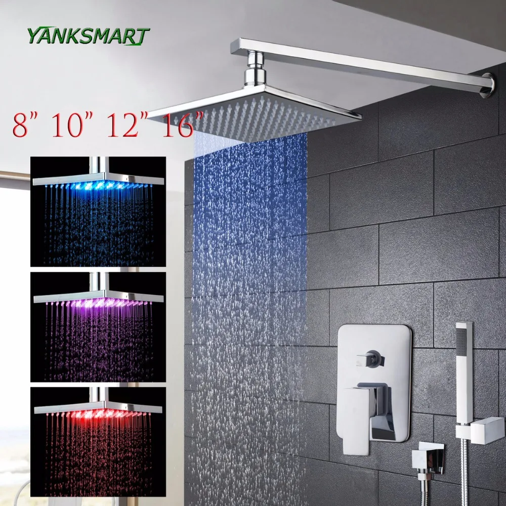 YANKSMART LED Wall Mount  8 10 12 16 Inch Shower Head Set with Control Valve Hand Sprayer Chrome Polished Bathroom Shower System