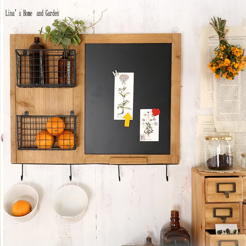 magnetic 4 hooks handmade wall fir wood blackboard shelf with 2 wire basket