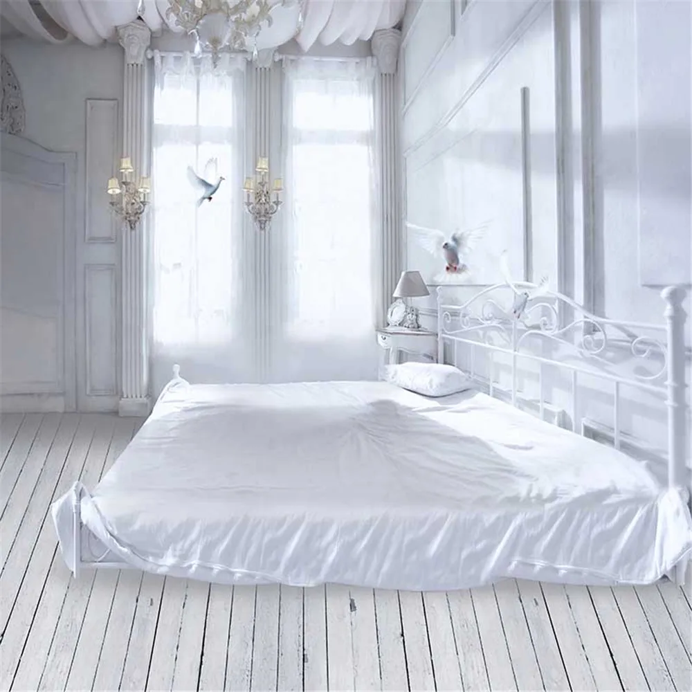 Фон для фотосъемки с изображением интерьера комнаты для свадебной фотосъемки с изображением белой кровати люстры голубей яркого окна фон для фотосъемки деревянный пол