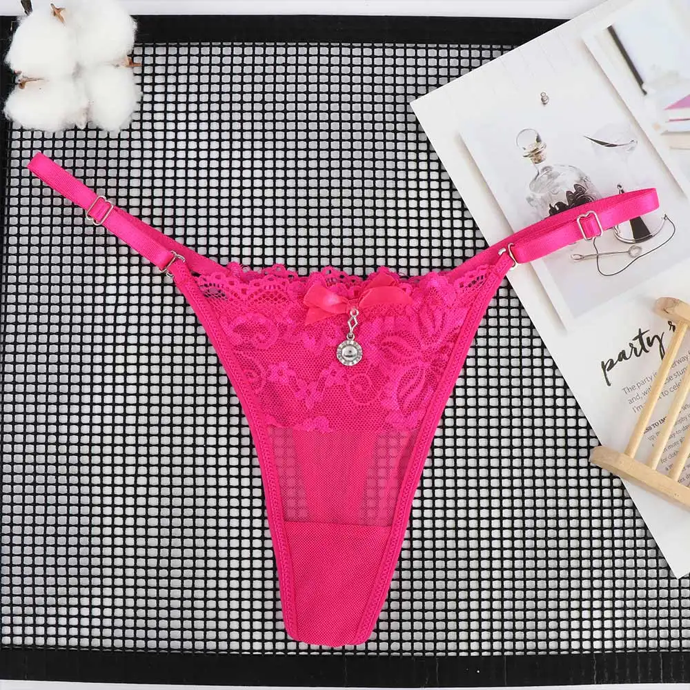 Lencería Sexy de encaje para mujer, tangas con colgante de perlas, bordado, Tanga ajustable con parte trasera en T, ropa interior para mujer