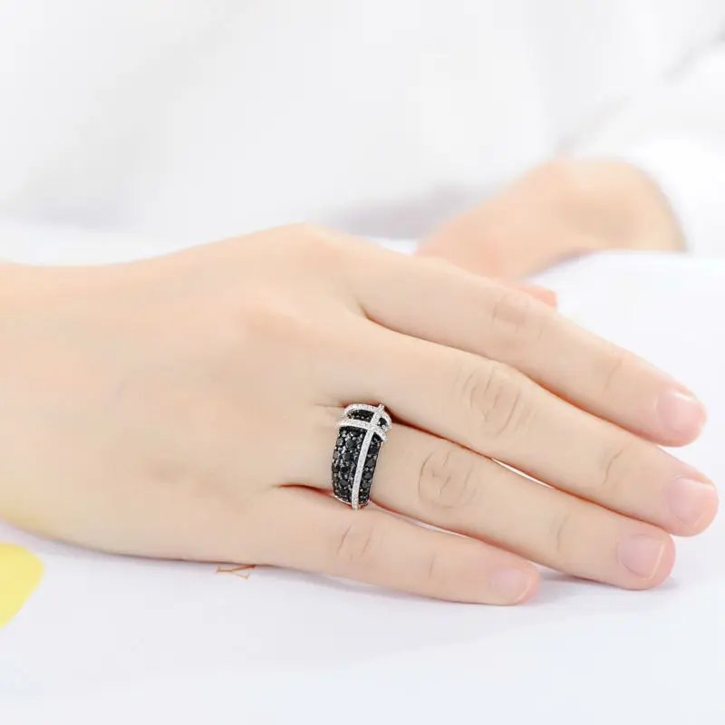 SANTUZZA Silver Ring For Women 925 Sterling Silver Top Quality AAA+ cubic zirconia Natural Black Stones Ring Fashion Jewelry