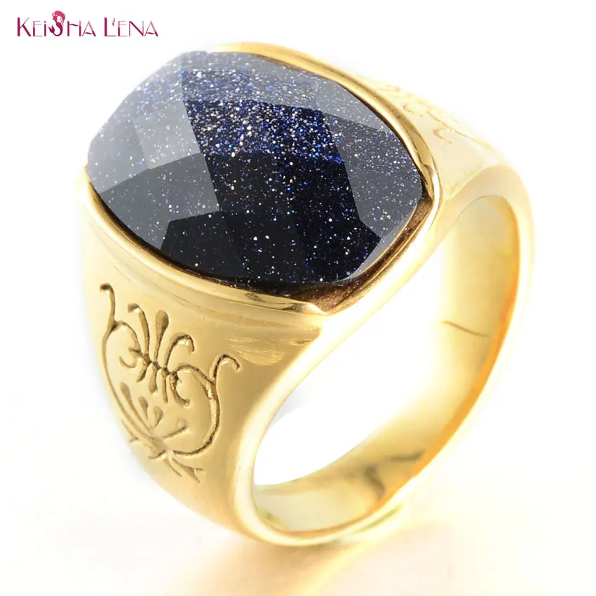 Fashion Starry Sky Blue Gravel Stainless Steel Aventurine Ring for Men Punk Male Anel Alliance Charms Jewelry Unique Bague Homme