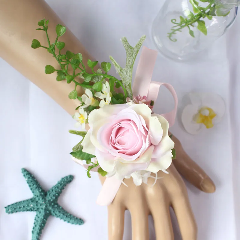 

Lovegrace Wedding Women Boutonnieres and Wrist Corsage Green Plant Hand Flowers Bride Wrist Flower Pink Bridal Bouquet Accessory