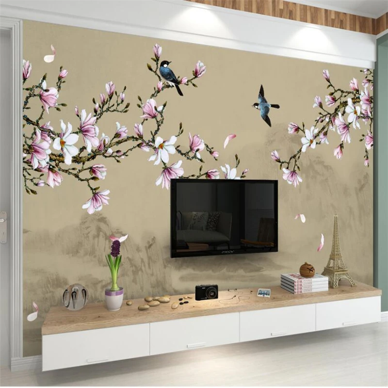 wellyu Customized large-scale murals new Chinese style hand painted magnolia flowers and birds green background wallpaper