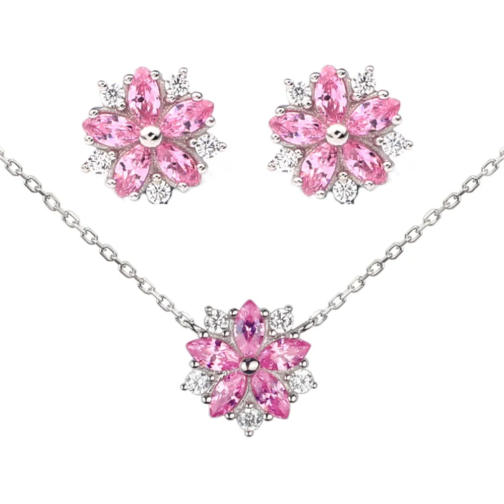 

Women's Jewelry Set 925 Silver Stud Earrings Pendant Necklace Sets Marquise Shape Pink CZ 18-inch Cable Chain SET008