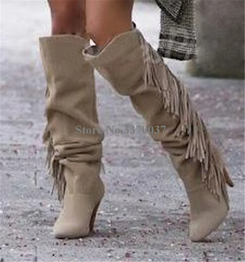 Winter New Fashion Women Round Toe Suede Leather Tassels Knee High Thin Heel Boots Charming Fringes Long High Heel Boots