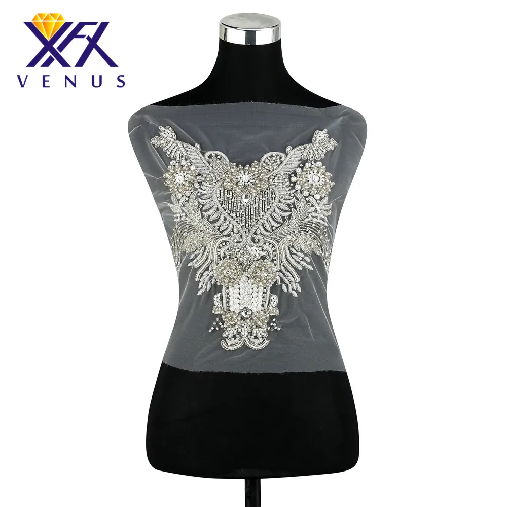 

XINFANGXIU Handmade Bodice Rhinestones Beads Patches Sew-on Embroidered Rhinestone Patches Party Dress Applique