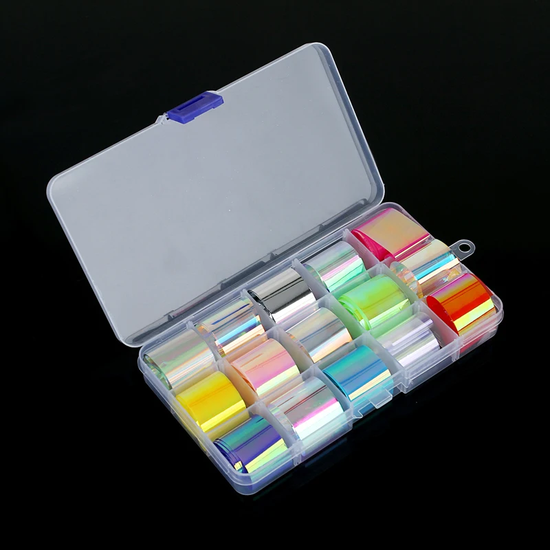 15-teiliges Sternenhimmel-Laser-Nagelfolien-Set, bunte Glitzer-Regenbogen-Effekt DIY Nagelkunst-Transferaufkleber mit Aufbewahrungsbox – Detail 3