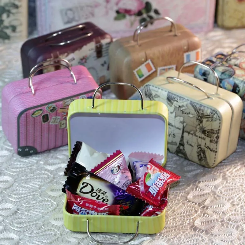 Walizka kształt cukierki herbata blaszane pudełko do przechowywania, Wedding Favor Storage Organizer, kawa mały prezent biżuteria Box portmonetka