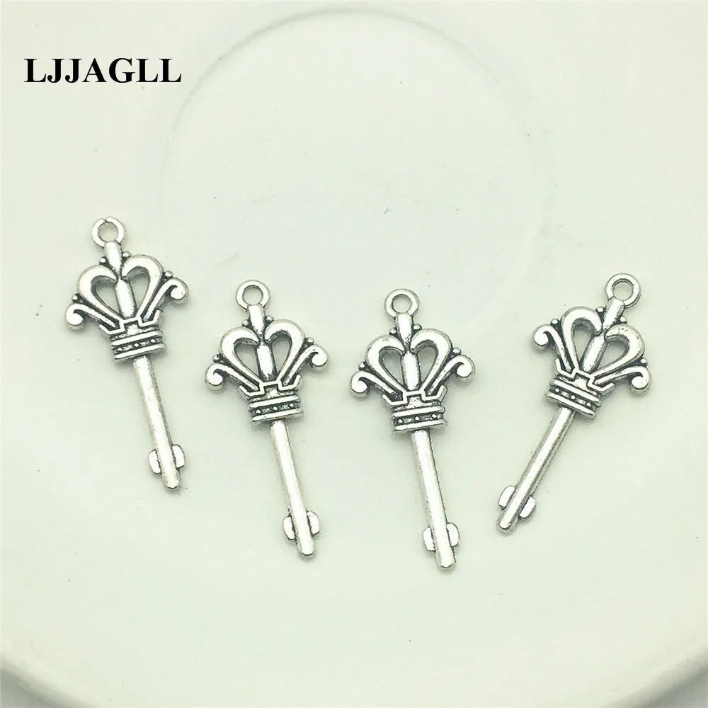 LJJAGLL 80pcs Silver 16*36mm Zinc Alloy Small Delicate Crown Key Shape Jewelry Pendant DIY Key Ring Accessory AYS022