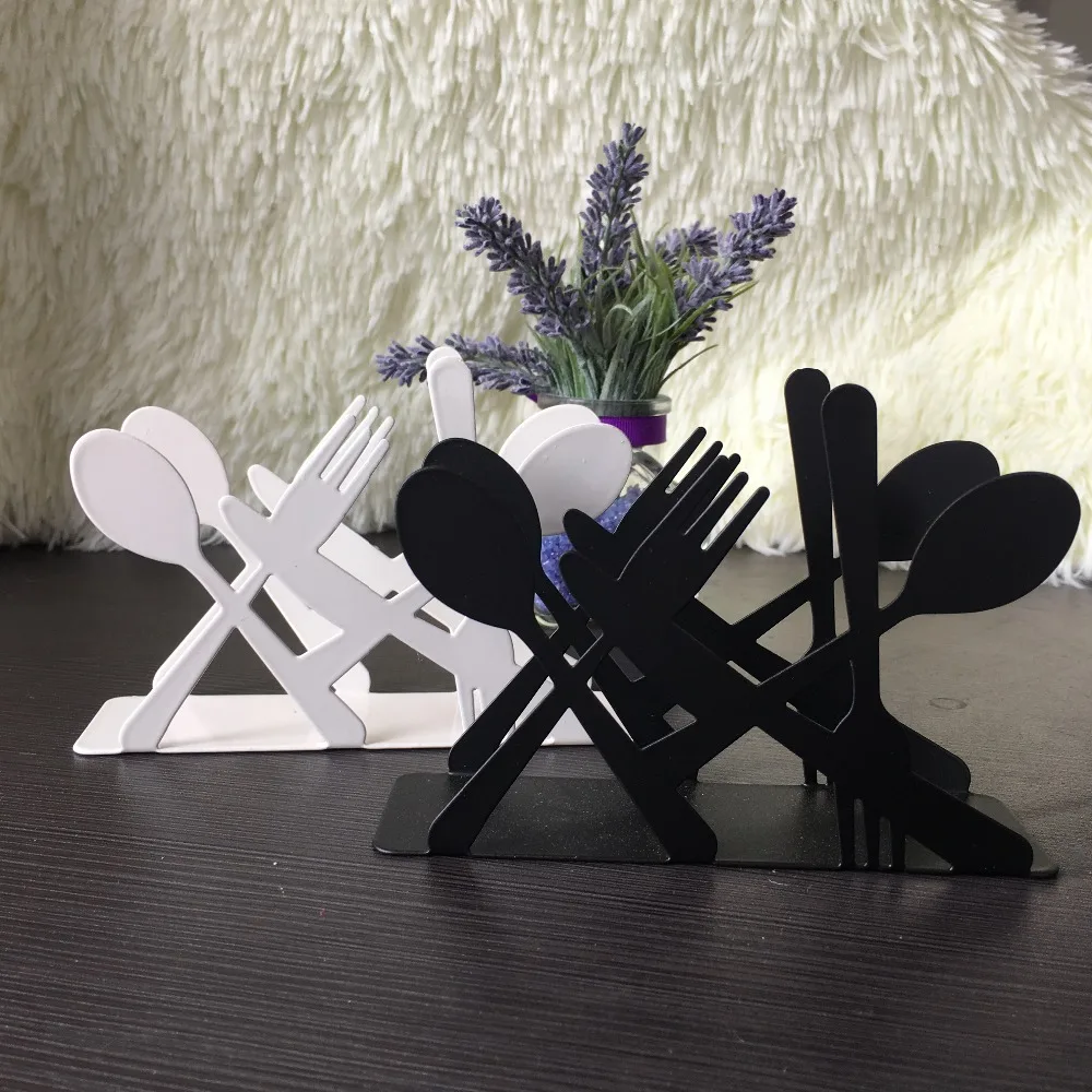 Fashion kitchen iron art craft black white spoon fork knife napkin paper holder tissue block rack home hotel cafe table decor