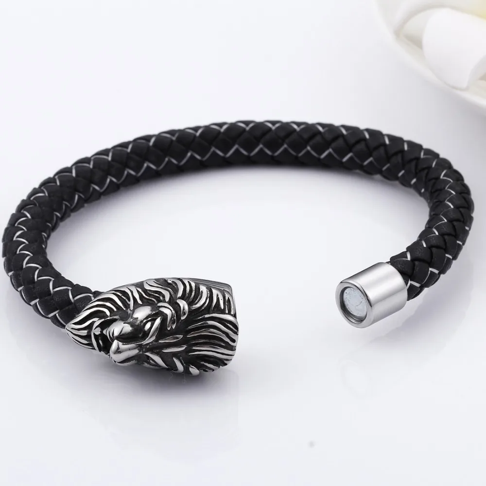 8mmHigh Quality Stainless Steel Silver Color Lion Clasp White Black Genuine Braided Leather Wristband Men Unisex Bracelet Bangle