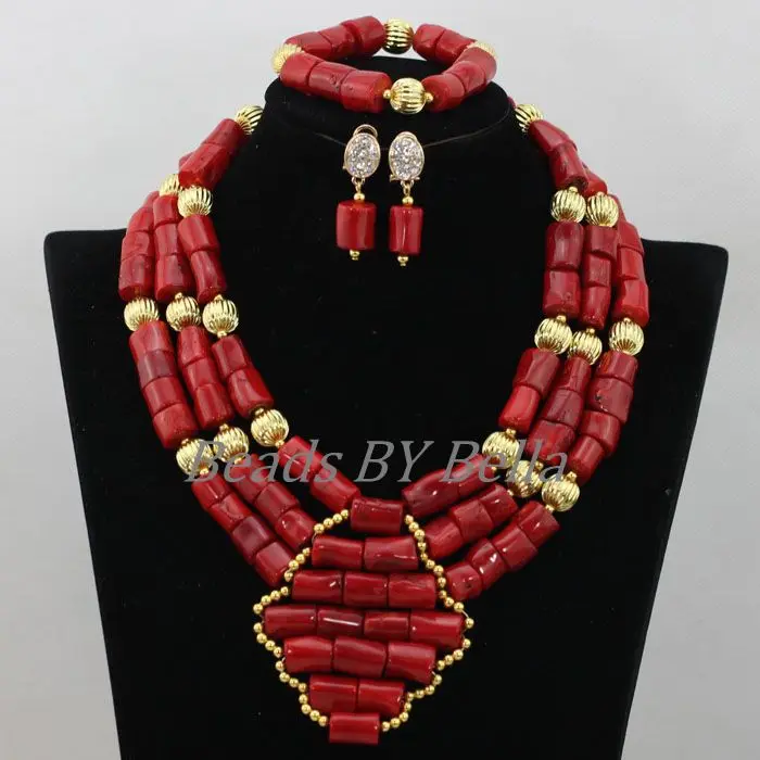 Traditional Indian Bridal Jewelry Sets African Wedding Coral Bead Jewelry Red Nigerian Beads Necklace 2017 Free Shipping ABK001