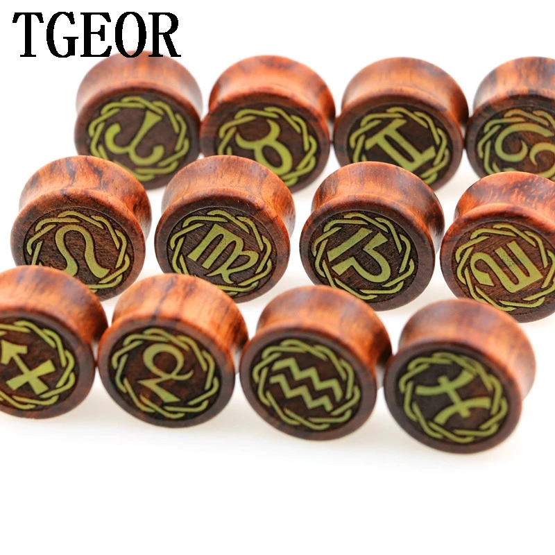 

New Hot wholesale 70pcs gauges Zodiac pattern carved original wood saddle ear plug free shipping