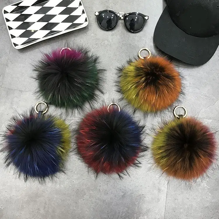 15cm Luxury Brand Fluffy Real Fox Fur Ball PomPom Multicolor Genuine Fur Keychain Metal Ring Pendant Bag Charm For Women