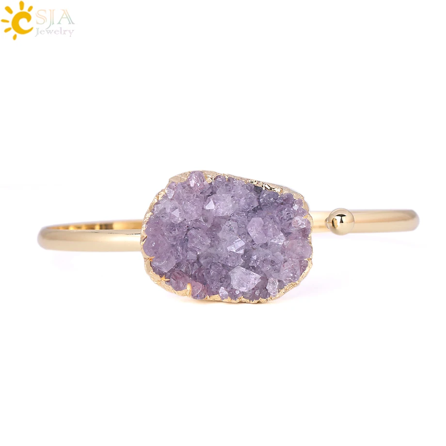 CSJA Fashion Cuff Bracelet for Women Natural Stone Purple Quartz Crystal Half Open Gold Color Bangle Any Wrist Size Jewelry F347
