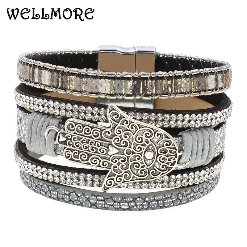 WELLMORE summer leather bracelet gray magnet charm bracelets Bohemian bracelets for women