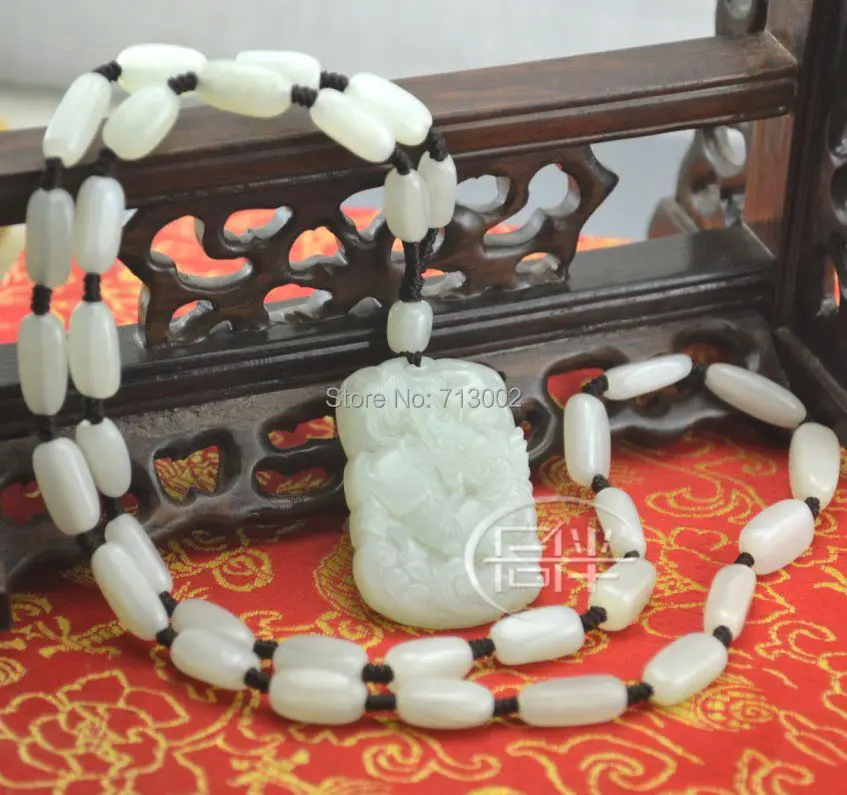 

Nature milky Jade unicorn Amulet kylin Pendant jadite Bead Necklace Talisman -Lucky